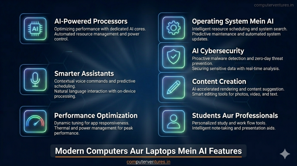 Computers aur laptops mein AI jisme sleek modern
laptop futuristic AI interface neural network
patterns aur processors security assistants aur
performance ke glowing feature icons ke saath
dikh raha hai - computerventures.in