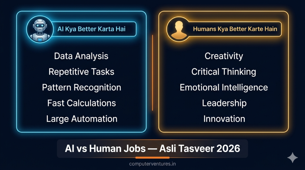 Kya AI human jobs replace kar sakta hai 2026 mein — 
robot haath aur human haath almost touch karte hue AI 
aur human collaboration symbolize karte hain - 
computerventures.in